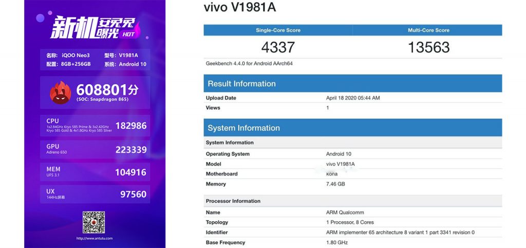 iQOO Neo 3 Geekbench Score Leaked and its Awesome